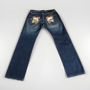 Ed Hardy By Christian Audigier Vintage Jeans Mens 31x29 Skully Rose Embroidered